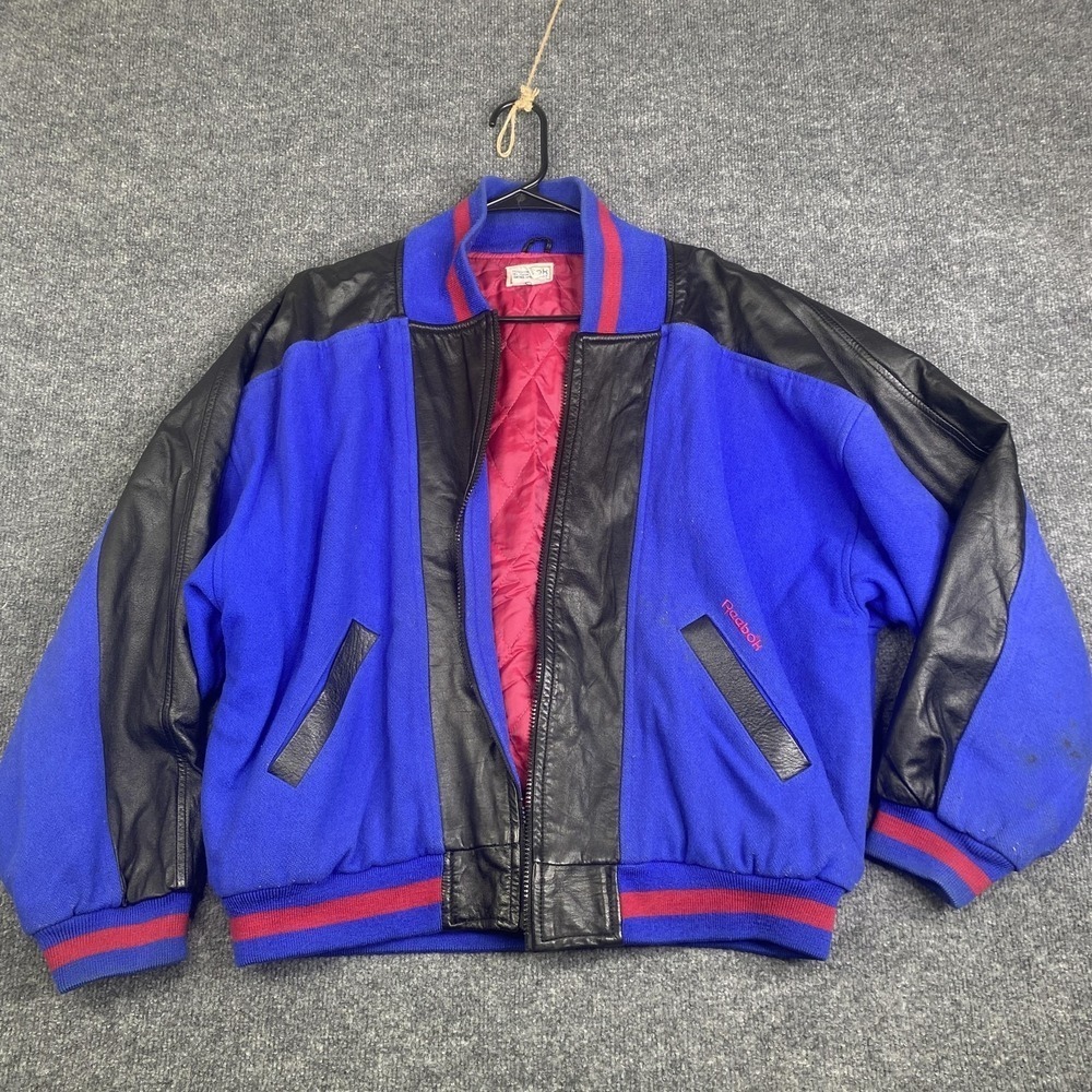 Vintage Reebok International 1 Jacket Mens Medium Blue Wool Leather Varsity 90s